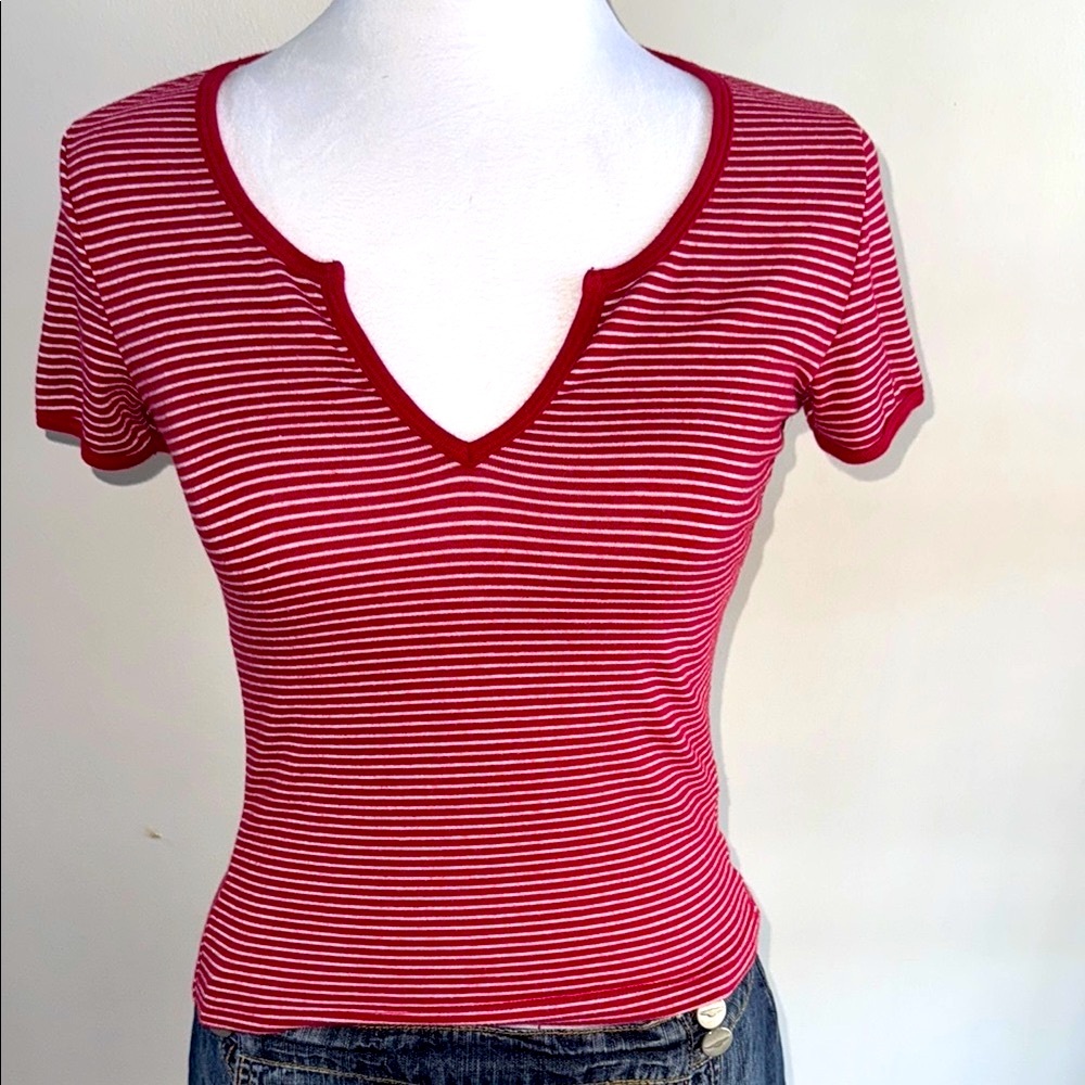Urban Outfitters Red Striped Fitted Cut Out Tee